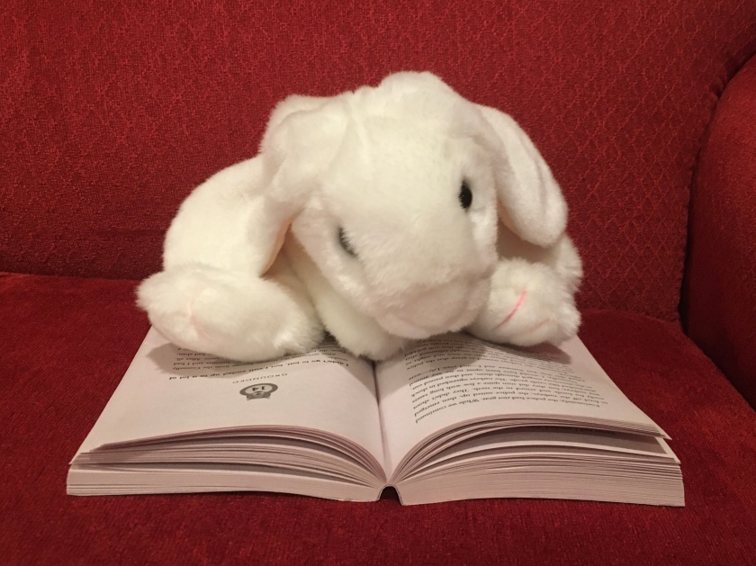 Marshmallow is reading the fifth book, Lion Down, in the FunJungle series by Stuart Gibbs.