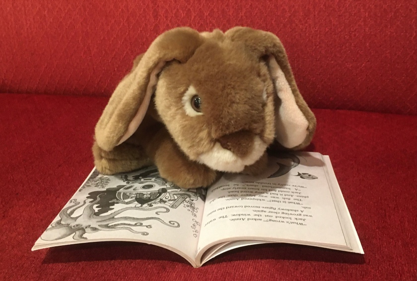 Caramel is reading Dolphins at Daybreak (Magic Tree House #9) by Mary Pope Osborne.